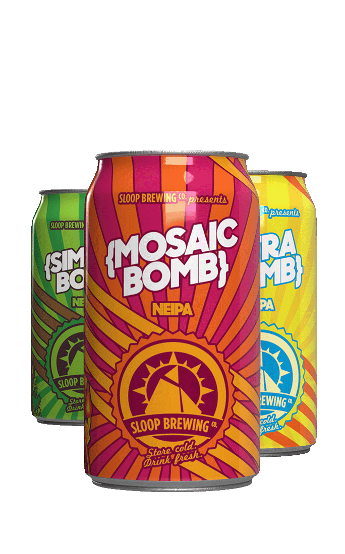 cans of mosaic bomb, citra bomb, and simcoe bomb