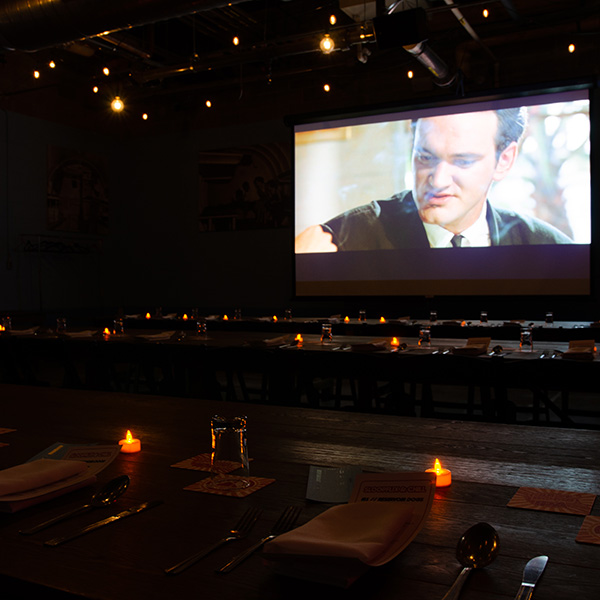 a movie showing in the bomb shelter, sloop's private events space